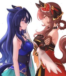 Rule 34 | 2girls, animal ears, bare arms, bare shoulders, blue eyes, blue hair, blush, breasts, brown hair, collarbone, dark blue hair, detached sleeves, dress, ear covers, ear ornament, earrings, ears through headwear, eye contact, face-to-face, gentildonna (umamusume), gloves, hair between eyes, hair ornament, hair rings, highres, horse ears, horse girl, horse tail, jewelry, large breasts, long hair, long sleeves, looking at another, medium hair, mole, mole under eye, multicolored hair, multiple girls, red eyes, rio (rio 067), sidelocks, simple background, single ear cover, single earring, sleeveless, smile, tail, umamusume, verxina (umamusume), white background