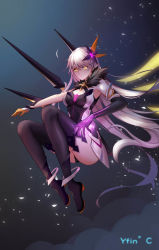 Rule 34 | 1girl, absurdres, artist name, asymmetrical gloves, bare shoulders, black footwear, black gloves, boots, breasts, cleavage, closed mouth, floating, floating object, floating weapon, full body, gloves, hair between eyes, hair ornament, highres, honkai (series), honkai impact 3rd, kiana kaslana, kiana kaslana (herrscher of the void), long hair, looking at viewer, mismatched gloves, polearm, sdzy97510, smile, solo, spear, thigh boots, thighhighs, weapon, white gloves, white hair, wings, yellow eyes