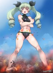 Rule 34 | 1girl, 2018, abs, aircraft, airplane, anchovy (girls und panzer), army, artist name, barefoot, breast press, cameltoe, city, cloud, crossed arms, destruction, drill hair, excited, explosion, fighter jet, fire, giant, giantess, girls und panzer, green hair, jet, looking at viewer, military, military vehicle, muscular, navel, outdoors, ribbon, skin tight, sky, smoke, solo, sportswear, sweat, teasing, torajimaneko, twin drills, twintails