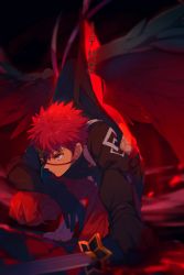 Rule 34 | 1boy, alternate costume, arm support, black wings, blurry, chaldea logo, depth of field, echo (circa), fate/grand order, fate (series), feathered wings, holding, holding sword, holding weapon, katana, looking to the side, male focus, mask, red hair, senji muramasa (fate), solo, squatting, sword, weapon, wings, yellow eyes