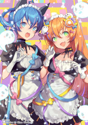 Rule 34 | 2girls, amiami (company), amico, animal ears, apron, black dress, blue eyes, blue hair, blush, confetti, dress, fang, frilled apron, frills, ghost, gloves, green eyes, hair between eyes, hair ornament, highres, lilco, long hair, looking at viewer, maid headdress, multicolored hair, multiple girls, official art, open mouth, short twintails, skin fang, streaked hair, streamers, twintails, very long hair, waist apron, white apron, white gloves, yumekui