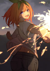 Rule 34 | 1girl, :d, absurdres, blue eyes, blush, casual, commentary, cowboy shot, double-parted bangs, dusk, eyebrows hidden by hair, eyelashes, fireworks, floating clothes, floating hair, foreshortening, from behind, go-toubun no hanayome, green ribbon, grey background, grey pants, hair between eyes, hair ribbon, head tilt, highres, holding, holding fireworks, looking at viewer, looking back, medium hair, nakano yotsuba, open mouth, orange hair, outdoors, outstretched arms, pants, ribbon, round teeth, shirt, short sleeves, smile, solo, sparks, standing, straight hair, tamago sando, teeth, upper teeth only, white shirt