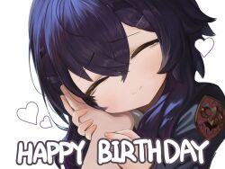 Rule 34 | 1girl, 1other, ^ ^, black jacket, blue archive, closed eyes, closed mouth, dokomon, facing viewer, hair between eyes, hair ornament, hairclip, happy birthday, haruka (blue archive), head tilt, heart, highres, jacket, long hair, long sleeves, out of frame, purple hair, roman numeral, simple background, sleeves past wrists, smile, tears, upper body, white background