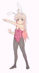 Rule 34 | 1girl, absurdres, ahoge, animal ears, bare arms, bare shoulders, black pantyhose, breasts, brown eyes, clenched hand, colored inner hair, commentary, genderswap, genderswap (mtf), grey hair, hair between eyes, highres, karubi (karubi465558), leotard, light blush, long hair, looking at viewer, multicolored hair, no shoes, onii-chan wa oshimai!, outstretched arm, oyama mahiro, pantyhose, pink background, pink hair, playboy bunny, rabbit ears, red leotard, simple background, sketch, small breasts, smile, solo, strapless, strapless leotard, two-tone hair, wrist cuffs