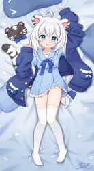 Rule 34 | 1girl, absurdres, ahoge, animal ears, arm up, bed sheet, blue bow, blue dress, blue eyes, blue jacket, blue sailor collar, blush, bow, commentary request, commission, dress, frilled dress, frills, full body, highres, indie virtual youtuber, j2l, jacket, long hair, long sleeves, looking at viewer, lying, myoya (vtuber), no shoes, on back, open clothes, open jacket, open mouth, panties, puffy long sleeves, puffy sleeves, sailor collar, sailor dress, short dress, sidelocks, sleeves past wrists, smile, solo, striped tail, tail, thighhighs, tiger ears, tiger girl, tiger tail, underwear, virtual youtuber, white hair, white panties, white thighhighs