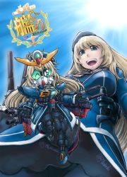 Rule 34 | 10s, 1girl, atago (kancolle), blonde hair, breasts, colored sclera, crossover, green sclera, gundam, gundam double x, hat, highres, kantai collection, large breasts, long hair, military, military uniform, pantyhose, sd gundam, stufquin, turret, uniform