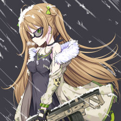 Rule 34 | 1girl, ahoge, assault rifle, black gloves, blush, bow, breasts, brown hair, bullpup, camouflage, choker, closed mouth, collarbone, dog tags, double bun, dress, earrings, expressionless, fingerless gloves, floating hair, fur-trimmed jacket, fur trim, girls&#039; frontline, glasses, gloves, green eyes, gun, hair bow, hair bun, heavy breathing, holding, holding gun, holding weapon, jacket, jewelry, kel-tec rfb, long hair, looking at viewer, medium breasts, multiple earrings, necklace, off shoulder, rfb (girls&#039; frontline), rifle, semi-automatic firearm, semi-automatic rifle, semi-rimless eyewear, smile, snow, snow on body, snow on head, snowing, solo, sseopik, weapon, wind, wind lift