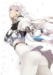 Rule 34 | 1girl, armor, ass, belt, blue eyes, blurry, blurry foreground, boobplate, breastplate, copyright request, cowboy shot, depth of field, dress, english text, floating hair, from behind, glint, hair between eyes, highres, holding, holding sword, holding weapon, juliet sleeves, long hair, long sleeves, looking at viewer, looking back, pantyhose, parted lips, puffy sleeves, rapier, short dress, solo, standing, sword, weapon, white dress, white hair, white pantyhose, yd (orange maru)