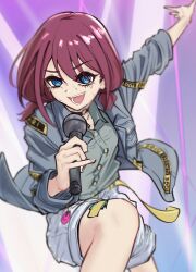 Rule 34 | 1girl, black choker, blue eyes, choker, collared shirt, commentary, girls band cry, grey jacket, grey shirt, highres, holding, holding microphone, iseri nina, jacket, microphone, music, o-ring, o-ring choker, open mouth, purple background, red hair, shirt, short twintails, shorts, singing, smile, solo, sweat, tomare (akashingou), twintails, white shorts
