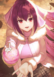Rule 34 | 1girl, absurdres, blush, breasts, dolce (dolsuke), fate/grand order, fate (series), food, fur-trimmed jacket, fur trim, hair between eyes, highres, huge filesize, ice cream, ice cream cone, jacket, jewelry, large breasts, long hair, long sleeves, looking at viewer, necklace, open clothes, open jacket, open mouth, pendant, ponytail, purple hair, red eyes, scathach (fate), scathach skadi (fate), smile, solo, white jacket