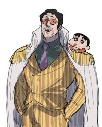 Rule 34 | 2boys, :o, age difference, artist request, black hair, borsalino (kizaru), crayon shin-chan, crossover, epaulettes, facial hair, formal, glasses, hands in pockets, highres, jacket, jacket on shoulders, military, multiple boys, one piece, pinstripe pattern, pinstripe suit, shin-chan (evangelion), short hair, simple background, size difference, smile, standing, striped, suit, sunglasses, white background