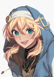 Rule 34 | 1boy, :d, androgyne symbol, aqua eyes, artist name, belt, belt buckle, blonde hair, blue jacket, bridget (guilty gear), buckle, drawstring, floating hair, guilty gear, habit, hair between eyes, highres, hood, hood up, hooded jacket, jacket, light blush, llamartist, long eyelashes, long hair, low twintails, messy hair, nun, open mouth, shiny clothes, simple background, smile, solo, teeth, trap, twintails, twitter username, upper body, upper teeth only, white background