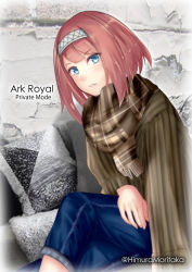 Rule 34 | 1girl, absurdres, alternate costume, ark royal (kancolle), blue eyes, blue pants, bob cut, brown shirt, casual, character name, commentary request, hairband, highres, himura moritaka, inverted bob, kantai collection, looking at viewer, pants, plaid, plaid scarf, red hair, scarf, shirt, short hair, sitting, solo, twitter username