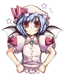 Rule 34 | 1girl, amanooni touri, bad id, bad pixiv id, bat wings, blue hair, fang, female focus, hands on own hips, red eyes, remilia scarlet, ribbon, solo, touhou, upper body, white background, wings