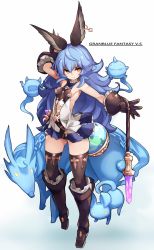 Rule 34 | 1girl, animal ears, arm up, armpits, backless outfit, beppo (granblue fantasy), blue hair, blue skirt, breasts, brown footwear, brown gloves, brown thighhighs, closed mouth, earrings, erune, ferry (granblue fantasy), flask, fugee (granblue fantasy), full body, geegee (granblue fantasy), ghost, gloves, gluteal fold, granblue fantasy, hair between eyes, highres, jewelry, karukan (monjya), long hair, looking at viewer, nicola (granblue fantasy), rabbit ears, round-bottom flask, sideboob, simple background, single earring, skirt, sleeveless, small breasts, solo, thighhighs, very long hair, wavy hair, whip