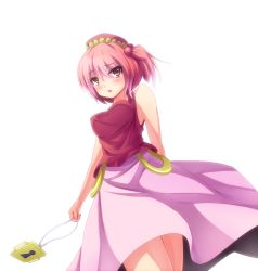 Rule 34 | 1girl, bare shoulders, blush, breasts, female focus, hair bobbles, hair ornament, hat, kawashiro mitori, lock, original, pink eyes, pink hair, ryosios, short hair, side ponytail, simple background, solo, touhou, twintails