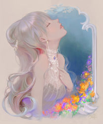 Rule 34 | 1girl, absurdres, arm at side, artist name, bare shoulders, breasts, brooch, closed mouth, dadachyo, dress, earrings, eyelashes, flower, gem, hair flower, hair ornament, hand on own chest, hand up, highres, jewelry, lips, long hair, medium breasts, nose, original, parted lips, pink lips, plant, ribbed dress, silver hair, simple background, sleeveless, sleeveless dress, solo, teeth, turtleneck, upper body