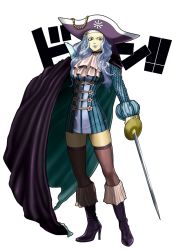 Rule 34 | 1girl, blue hair, boots, cape, cutlass, dress, female focus, full body, hat, high heel boots, high heels, jolly roger, lipstick, long hair, makeup, marineford, one piece, pirate, pirate hat, shoes, simple background, smile, solo, standing, suyu38, sword, thighhighs, tricorne, weapon, white background, whitey bay, zettai ryouiki