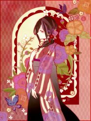 Rule 34 | black hair, bug, butterfly, flower, hair flower, hair ornament, insect, japanese clothes, kimono, original, ponytail, solo, yuukichi