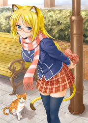 Rule 34 | 1girl, animal ears, arms behind back, bench, black thighhighs, blazer, blonde hair, blue eyes, box, breasts, bush, cat, cat ears, cat tail, glasses, heart-shaped box, hida tatsuo, highres, jacket, lamppost, large breasts, leaning forward, long hair, original, outdoors, plaid, plaid skirt, pleated skirt, red-framed eyewear, scarf, school uniform, semi-rimless eyewear, skirt, smile, solo, standing, striped clothes, striped scarf, tail, thighhighs, under-rim eyewear