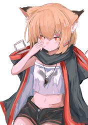 Rule 34 | 1girl, absurdres, animal ear fluff, animal ears, arknights, black jacket, black shorts, closed mouth, crop top, hair between eyes, hair ornament, hairclip, hand up, highres, hood, hood down, hooded jacket, jacket, looking at viewer, midriff, navel, piennamekuzi, red eyes, shirt, short shorts, shorts, simple background, solo, strapless, strapless shirt, vermeil (arknights), white background, white shirt