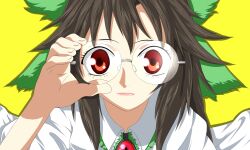 Rule 34 | 1girl, bespectacled, bow, brown hair, close-up, closed mouth, collared shirt, derivative work, evandragon, frilled shirt collar, frills, glasses, green bow, hair bow, highres, light smile, long hair, looking at viewer, puffy short sleeves, puffy sleeves, red eyes, reiuji utsuho, shirt, short sleeves, simple background, solo, third eye on chest, touhou, upper body, very long hair, white shirt, yellow background