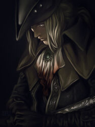 Rule 34 | 1girl, absurdres, ascot, blood, blood on clothes, blood stain, bloodborne, bolshikh, coat, collar, gem, gloves, hat, hat feather, highres, holding, lady maria of the astral clocktower, long hair, looking to the side, ponytail, rakuyo (bloodborne), solo, sword, tricorne, weapon, white ascot