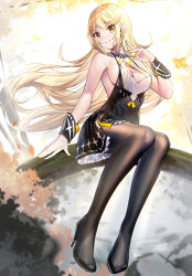 Rule 34 | 1girl, bare shoulders, black dress, black footwear, black pantyhose, blonde hair, blush, breasts, bug, butterfly, cleavage, cleavage cutout, closed mouth, clothing cutout, commentary, dress, duplicate, earrings, high heels, highres, insect, jewelry, large breasts, legs, long hair, looking at viewer, mythra (xenoblade), pantyhose, pixel-perfect duplicate, ririko (zhuoyandesailaer), sitting, smile, solo, swept bangs, wrist cuffs, xenoblade chronicles (series), xenoblade chronicles 2, yellow eyes
