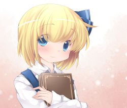 Rule 34 | 1girl, alice margatroid, alice margatroid (pc-98), bad id, bad pixiv id, blonde hair, blue eyes, blush, book, hugging book, commentary request, gradient background, grimoire, grimoire of alice, hair ribbon, hammer (sunset beach), holding, holding book, long sleeves, looking at viewer, hugging object, ribbon, shirt, short hair, smile, solo, suspenders, touhou, touhou (pc-98), upper body