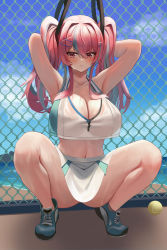 Rule 34 | 1girl, absurdres, armpits, arms behind head, arms up, azur lane, ball, breasts, bremerton (azur lane), bremerton (scorching-hot training) (azur lane), chain-link fence, cleavage, crop top, fence, full body, grey hair, hair between eyes, hair ornament, hairclip, highres, large breasts, long hair, midriff, miniskirt, multicolored hair, navel, official alternate costume, onedoo, parted lips, pink hair, red eyes, shirt, shoes, sidelocks, skirt, sleeveless, sleeveless shirt, sneakers, solo, squatting, streaked hair, sweat, tank top, tennis ball, thighs, twintails, two-tone hair