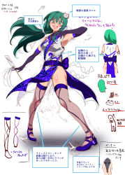 Rule 34 | 1girl, adapted costume, alternate hairstyle, arm up, armpits, ass, back, black gloves, breasts, character sheet, china dress, chinese clothes, dress, elbow gloves, frog hair ornament, gloves, gohei, green eyes, green hair, grey thighhighs, hair ornament, highres, kochiya sanae, large breasts, leotard, long hair, matching hair/eyes, nyuu (manekin-eko), oonusa, open mouth, outstretched arm, parody, sash, scrunchie, side slit, simple background, smile, snake hair ornament, solo, taimanin (series), taimanin suit, text focus, thighhighs, touhou, translation request, very long hair