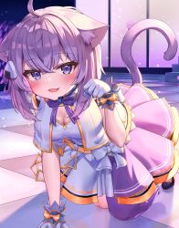 Rule 34 | 1girl, absurdres, ahoge, alternate costume, animal ear fluff, animal ears, arm support, bad id, bad twitter id, breasts, cat ears, cat girl, cat tail, cleavage, deaver, fang, food-themed hair ornament, gloves, hair ornament, highres, hololive, kneeling, looking at viewer, medium breasts, nekomata okayu, onigiri hair ornament, open mouth, paw pose, purple eyes, purple hair, purple skirt, short hair, skirt, smile, solo, tail, virtual youtuber, white gloves