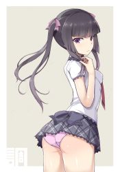 Rule 34 | 1girl, ass, black hair, blunt bangs, blush, breasts, brown background, character name, closed mouth, covered erect nipples, hair ornament, hair ribbon, long hair, looking at viewer, looking back, necktie, panties, pink panties, purple eyes, red necktie, ribbon, school uniform, senki zesshou symphogear, shiny skin, simple background, skirt, small breasts, solo, tsukuyomi shirabe, twintails, two-tone background, underwear, upskirt, white background, yatsune rika