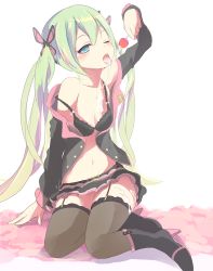 Rule 34 | 1girl, blush, boots, bra, butterfly hair accessory, butterfly hair ornament, female focus, garter straps, green eyes, green hair, gumo, hair ornament, hatsune miku, high heels, highres, honey whip (module), long hair, matching hair/eyes, navel, no panties, one eye closed, open clothes, open shirt, project diva (series), project diva f, saliva, saliva trail, sexually suggestive, shirt, sitting, skirt, solo, strap slip, sweet devil (vocaloid), thighhighs, tongue, tongue out, twintails, underwear, very long hair, vocaloid, yokozuwari, zettai ryouiki