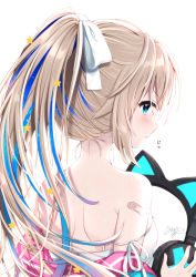 Rule 34 | 1girl, animal ear headphones, animal ears, bandaid, bandaid on arm, bare shoulders, blue eyes, blue hair, blue jacket, blush, bow, breasts, brown hair, cat ear headphones, closed mouth, commentary request, dress, fake animal ears, from behind, hair bow, headphones, headphones removed, high ponytail, indie virtual youtuber, jacket, multicolored hair, off shoulder, open clothes, open jacket, ponytail, signature, simple background, small breasts, solo, star (symbol), strap slip, streaked hair, uchuuneko, uchuuneko (vtuber), upper body, virtual youtuber, white background, white bow, white dress