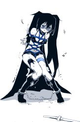 Rule 34 | 1girl, arms behind back, bdsm, bikini, black hair, black rock shooter, black rock shooter (character), bondage, bound, breasts, choker, collar, cuffs, defeat, highres, kinbakuman, monochrome, restrained, rope, shibari, shorts, slave, small breasts, spot color, swimsuit, sword, tears, twintails, weapon