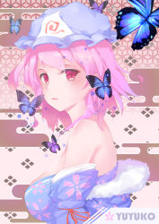 Rule 34 | 1girl, absurdres, bare shoulders, blue dress, blue hat, blush, breasts, bug, butterfly, character name, dress, floral print, from side, fur trim, hat, highres, insect, large breasts, looking at viewer, mob cap, off-shoulder dress, off shoulder, parted lips, pink eyes, pink hair, repoi, saigyouji yuyuko, short hair, solo, touhou, triangular headpiece, upper body