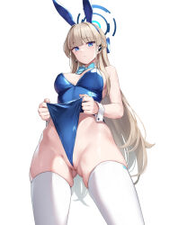 Rule 34 | 1girl, absurdres, animal ears, blonde hair, blue archive, blue eyes, blue leotard, blush, bow, bowtie, breasts, cameltoe, cleft of venus, detached collar, earpiece, fake animal ears, frontal wedgie, gluteal fold, halo, highleg, highleg leotard, highres, leotard, long hair, looking at viewer, medium breasts, official alternate costume, partially visible vulva, playboy bunny, rabbit ears, rebutsu, revision, solo, strapless, strapless leotard, thighhighs, thighs, toki (blue archive), toki (bunny) (blue archive), very long hair, wedgie, white thighhighs, white wrist cuffs, wrist cuffs