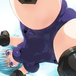 Rule 34 | 10s, 1girl, ass, bad id, bad pixiv id, black thighhighs, blue hair, breasts, covered navel, dd (ijigendd), elbow gloves, frame arms girl, gloves, hresvelgr, looking down, one-piece swimsuit, purple eyes, school swimsuit, short hair, solo, spread legs, swimsuit, thighhighs, thighs