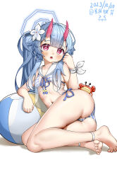 Rule 34 | 1girl, ass, bikini, blue archive, blue bikini, blue hair, blue halo, blush, breasts, chise (blue archive), chise (swimsuit) (blue archive), collarbone, crab, halo, highres, horns, hoshitsuki higan, long hair, official alternate costume, oni, oni horns, outdoors, parted lips, pink eyes, ribbon, sailor bikini, sailor collar, sand, sandals, side ponytail, small breasts, solo, squatting, striped bikini, striped clothes, swimsuit, toes, very long hair, white ribbon, white sailor collar, wrist ribbon