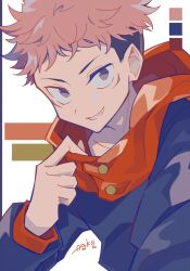 Rule 34 | 1boy, auko, black jacket, brown eyes, brown hair, color guide, commentary request, grin, highres, itadori yuuji, jacket, jujutsu kaisen, long sleeves, looking at viewer, male focus, pink hair, red scarf, scar, scar on face, scarf, signature, simple background, smile, solo, undercut, upper body, white background