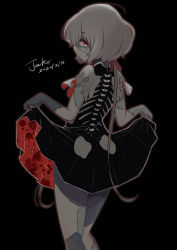 Rule 34 | 1girl, absurdres, black background, carrion1129, clothes lift, commentary request, dress, hair ribbon, highres, konno junko, long hair, looking at viewer, looking back, low twintails, patchwork skin, red eyes, red ribbon, ribbon, short sleeves, skirt, skirt lift, solo, stitched arm, stitched face, stitched leg, stitches, thighs, torn clothes, twintails, two-sided fabric, two-sided skirt, very long hair, white hair, zombie, zombie land saga