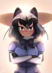 Rule 34 | 2girls, absurdres, animal ear fluff, animal ears, backlighting, black bow, black bowtie, black hair, bow, bowtie, breasts, brown eyes, commentary, common raccoon (kemono friends), crossed arms, extra ears, fang, fang out, fennec (kemono friends), fur collar, gloves, grey hair, highres, john (a2556349), kemono friends, large breasts, looking at viewer, medium hair, multicolored hair, multiple girls, puffy short sleeves, puffy sleeves, purple shirt, raccoon ears, raccoon girl, shirt, short sleeves, smile, solo focus, upper body, white hair