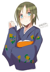 Rule 34 | 1girl, blue eyes, blue kimono, blush, closed mouth, cropped legs, dated, floral print, green hair, hand up, japanese clothes, kimono, long sleeves, maze (gochama ze gohan), obi, original, parted bangs, print kimono, sash, signature, simple background, sketch, sleeves past wrists, smile, solo, white background, wide sleeves