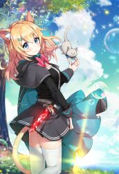 Rule 34 | 1girl, animal ears, ayamy, blue eyes, blush, bow, cape, cat, cat ears, cat tail, cloud, commentary request, dagger, from side, gem, hair ornament, hairclip, highres, knife, looking at viewer, medium hair, original, outdoors, pink bow, pleated skirt, skirt, smile, solo, sword, tail, thighhighs, tree, weapon, white thighhighs