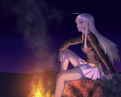 Rule 34 | 1girl, arm support, bad id, bad pixiv id, blonde hair, campfire, dark, desert, hanna-justina marseille, jacket, leather, leather jacket, long hair, night, oinari (koheihei1109), pleated skirt, profile, rock, sitting, skirt, smile, solo, star (sky), strike witches, witches of africa, world witches series