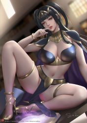 Rule 34 | 1girl, arm support, artist name, black hair, blurry, blurry background, bodystocking, bodysuit, bracelet, breasts, cape, cleavage, collar, commentary, day, fire emblem, fire emblem awakening, gold trim, grey eyes, hand up, high heels, indoors, jewelry, light, light particles, lips, loincloth, long hair, looking at viewer, medium breasts, navel, nintendo, pelvic curtain, sade abyss, short twintails, signature, simple background, sitting, skin tight, stomach, tharja (fire emblem), thighs, tiara, twintails, window