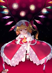 Rule 34 | 1girl, bow, collared shirt, commentary, crystal, dagger, dark background, fangs, flandre scarlet, frilled bow, frilled shirt collar, frilled sleeves, frilled vest, frills, gradient background, hair bow, hanging light, hat, highres, knife, long hair, looking at viewer, mob cap, multicolored wings, one side up, open mouth, puffy short sleeves, puffy sleeves, red background, red bow, red eyes, red skirt, red theme, red vest, sakizaki saki-p, shirt, short sleeves, skirt, sky, sleeve ribbon, solo, star (sky), starry sky, touhou, vest, weapon, white hat, white shirt, wings, wrist cuffs, yellow eyes