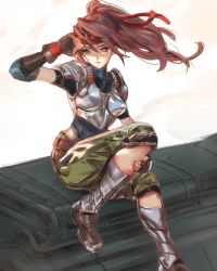 Rule 34 | 1girl, arm up, armor, belt, black shirt, boots, breastplate, brown eyes, brown hair, final fantasy, final fantasy vii, final fantasy vii remake, fingerless gloves, full body, gloves, green pants, hair between eyes, hair ribbon, hand on own leg, hand on own face, headband, highres, jessie rasberry, jet kimchrea, leg up, leotard, machinery, armored boots, pants, ponytail, red headband, red ribbon, ribbon, shading eyes, shirt, short sleeves, shoulder armor, sitting, solo, square enix