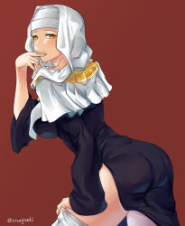 Rule 34 | 1girl, aona (anagasaki), ass, black dress, blush, breasts, cross, cross necklace, dress, fate/extra, fate/extra ccc, fate (series), habit, highres, jewelry, large breasts, long sleeves, looking at viewer, necklace, nun, sessyoin kiara, simple background, smile, thighs, yellow eyes